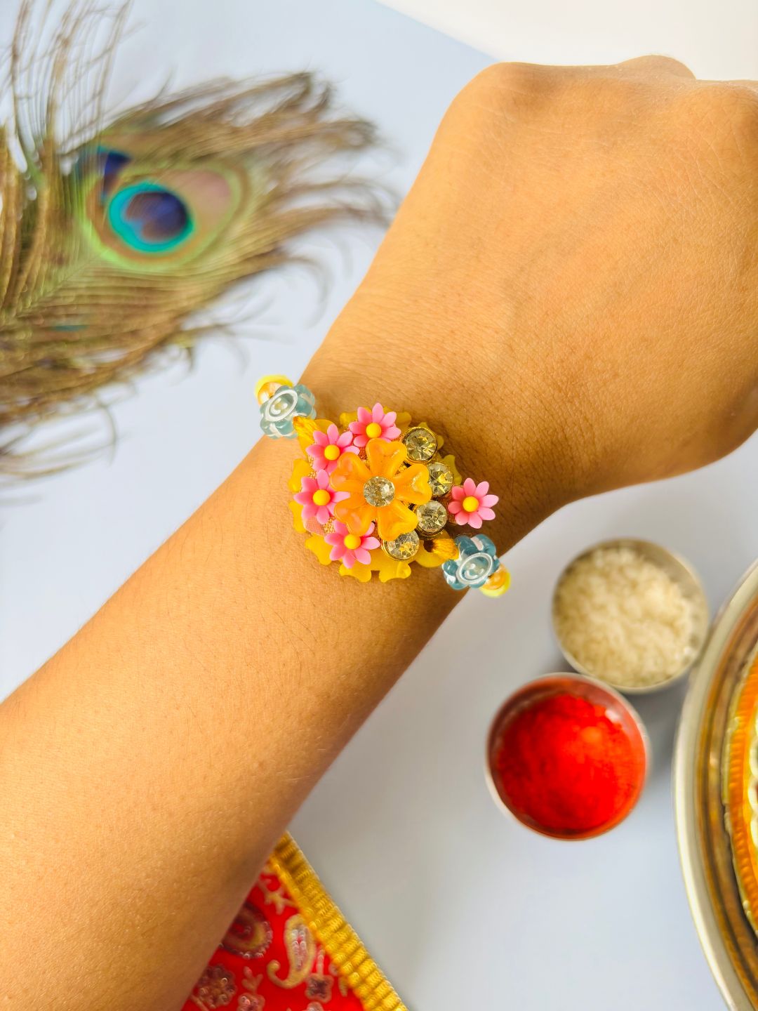 Cute Floral Kids Rakhi with Roli Chawal for Brother (Pack of 2)