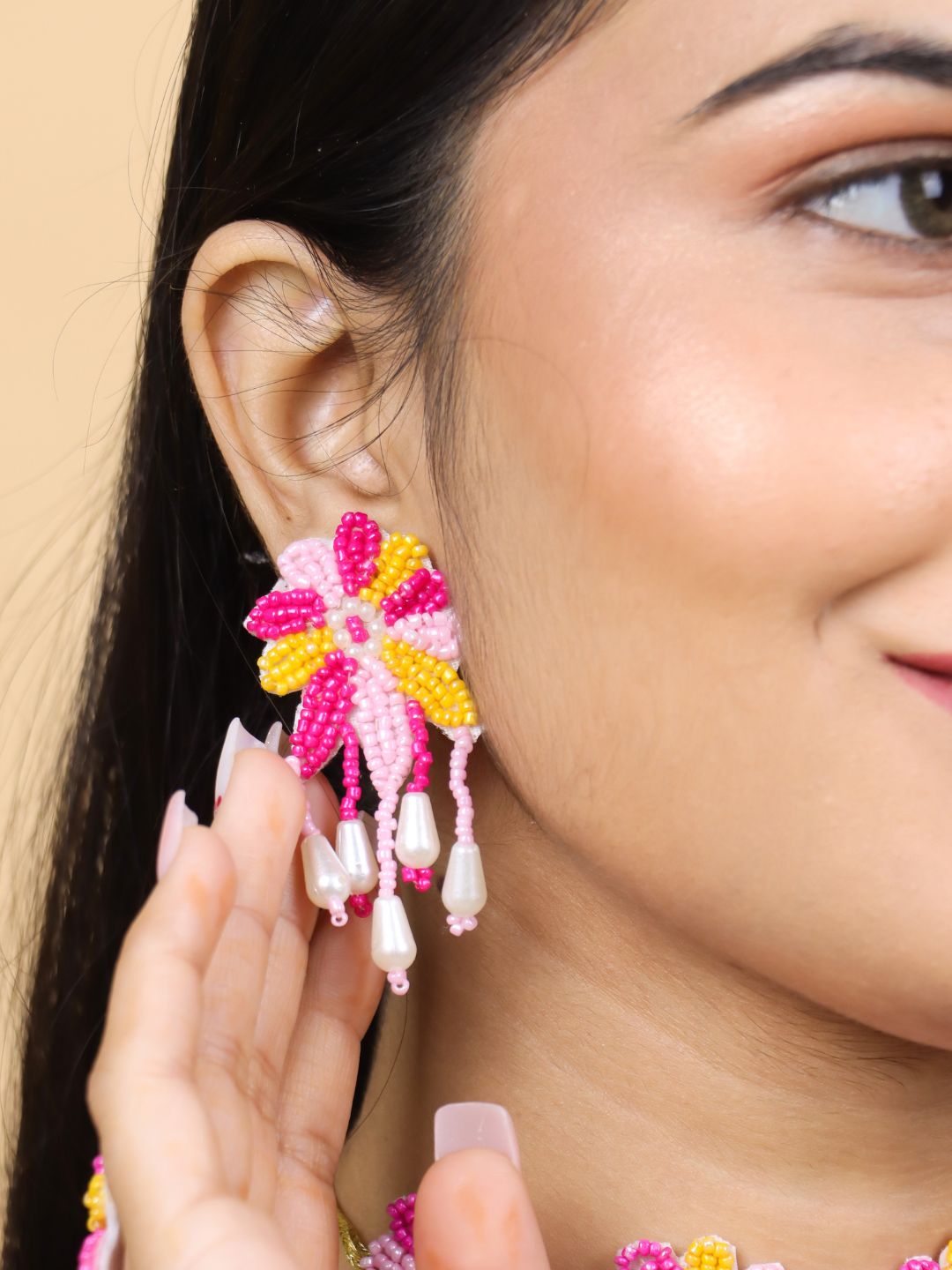 Rang Floral Maangtika Earrings Set (Pink and Yellow)