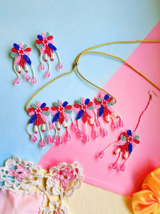 Rang Floral Bridal Choker Maangtika Set (Pink Blue Green)