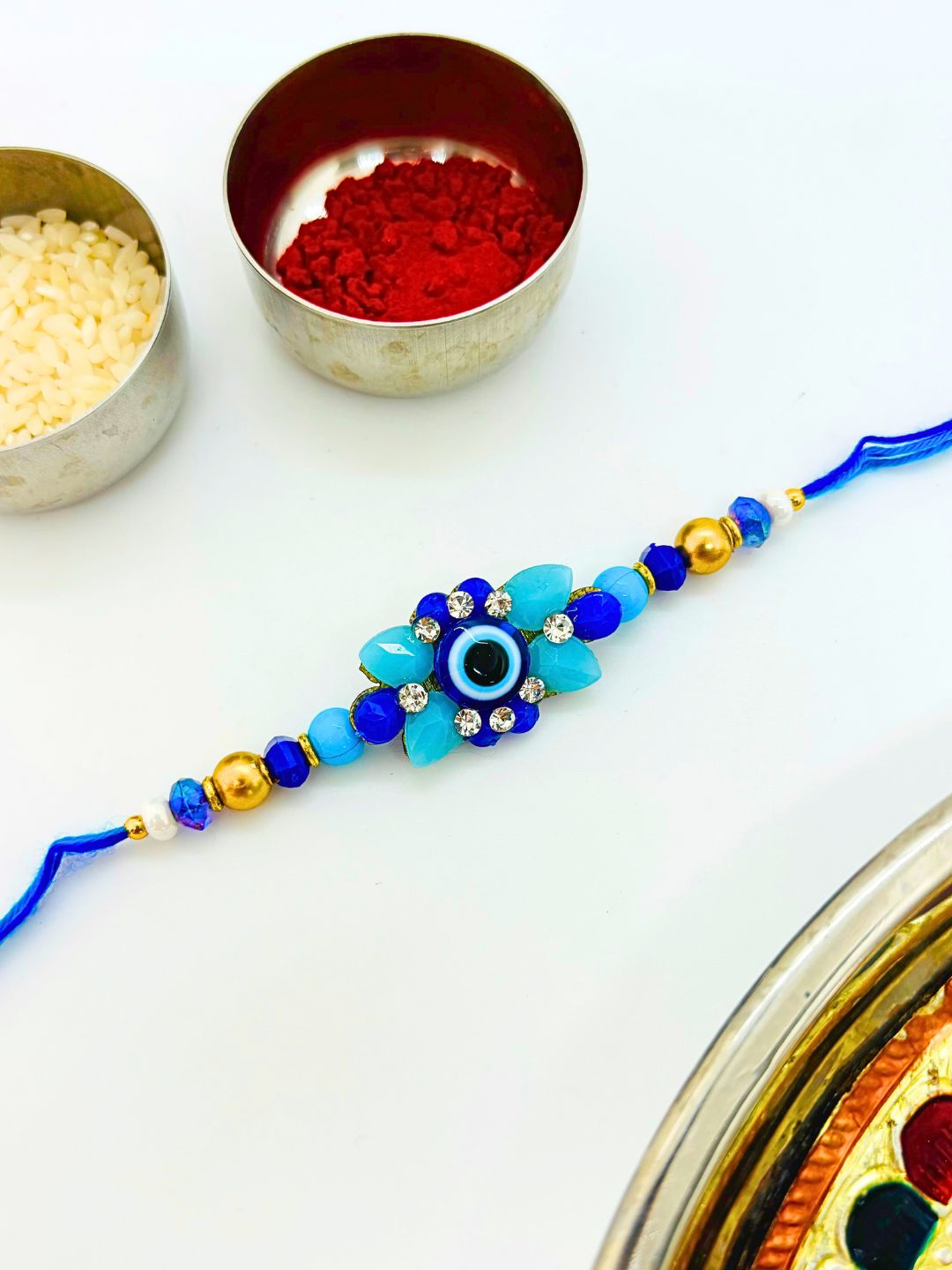 Evil Eye Beaded Thread Rakhi with Roli Chawal (Pack of 1)