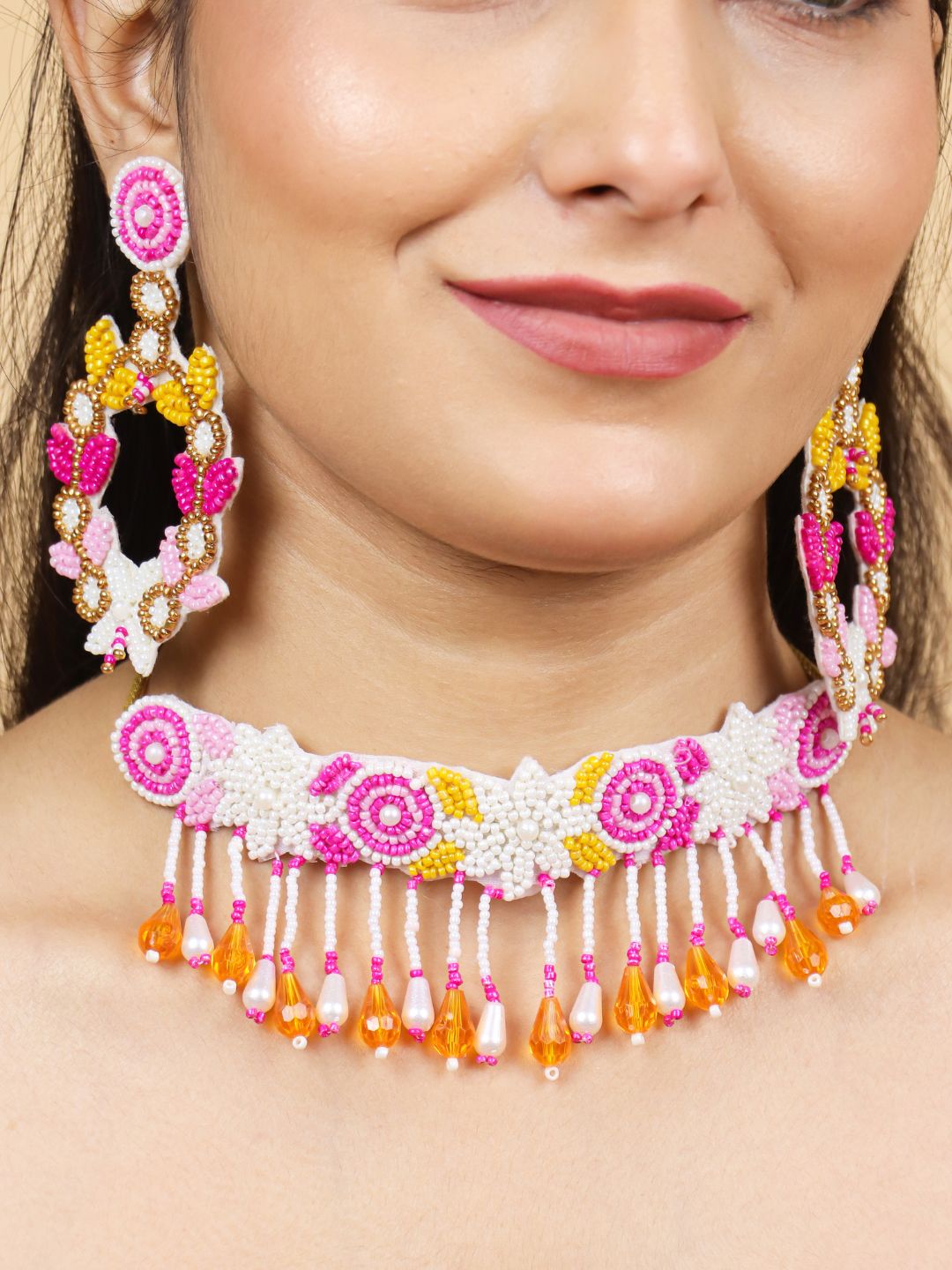 Zia Floral Bridal Choker Maangtika Set (Pink and Yellow)