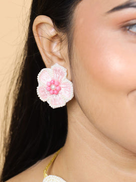 Flower Blossom Bridal Maangtika Earrings Set (Pink and Blue)