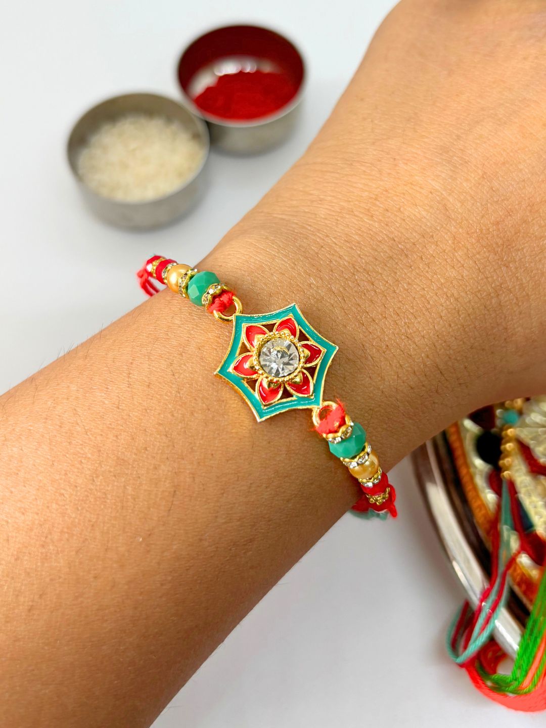 Traditional Meenakari Kundan Rakhi with Roli Chawal for Brother (Green)