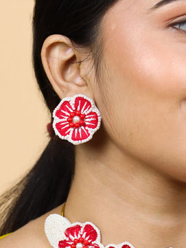 Flower Blossom Maangtika Earrings Set (Red)