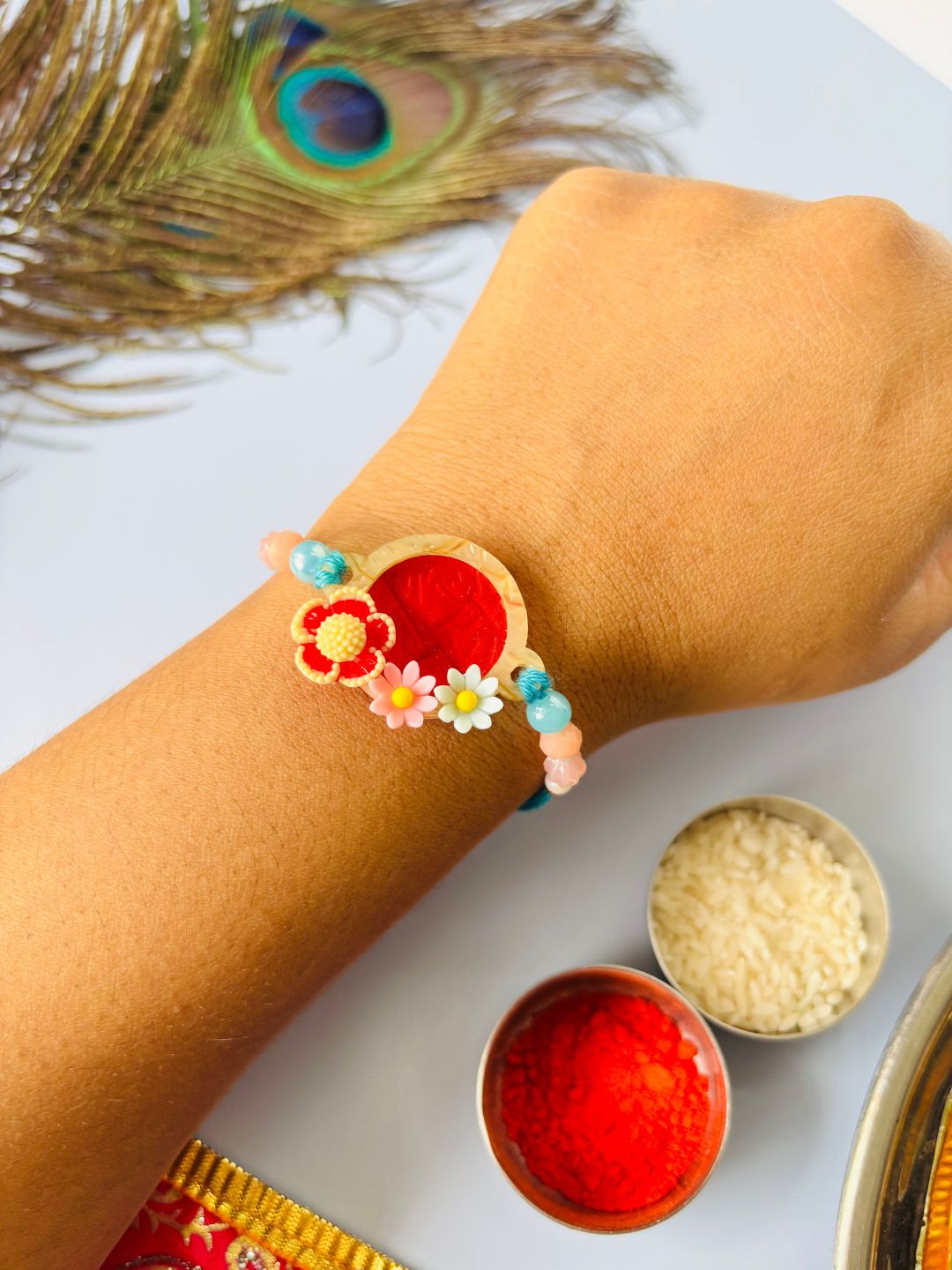 Cute Floral Kids Rakhi with Roli Chawal for Brother (Pack of 2)