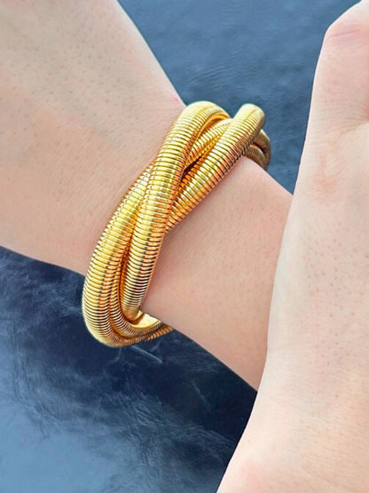 Viral Spiral Triple Coil Chunky Snake Bracelet | Stretchable Stack Gold Bracelet