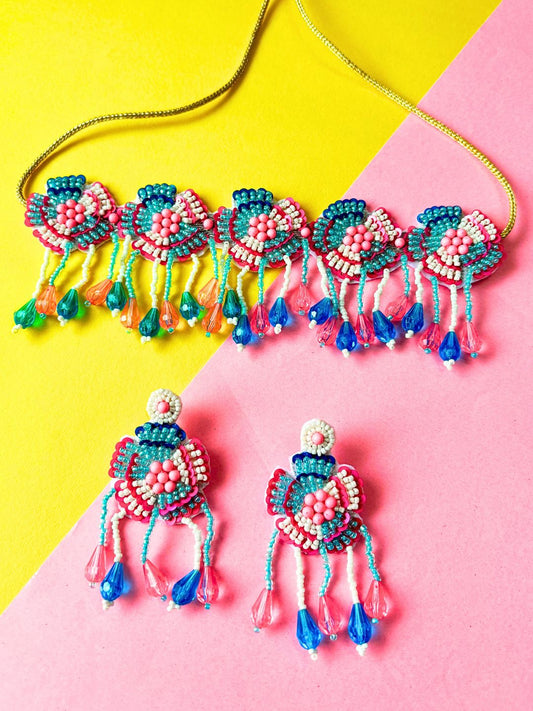 Floral Bridal Choker Set (Pink-Blue)