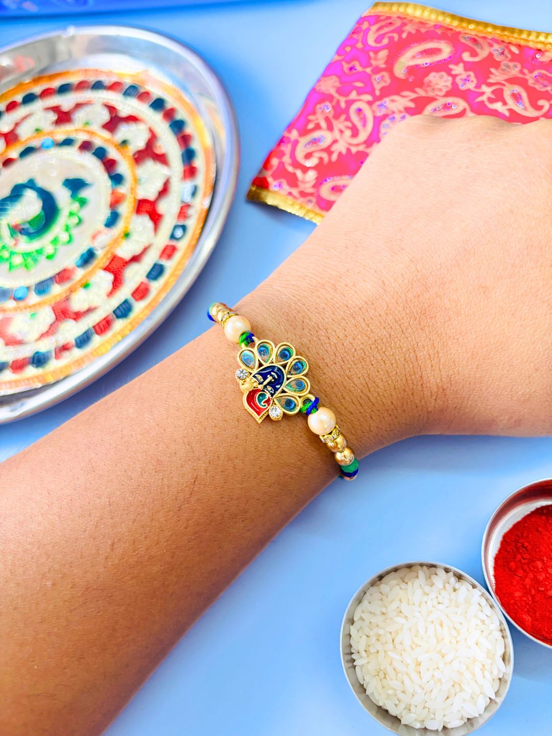 Traditional Krishna ji Kundan Meenakari Rakhi with Roli Chawal