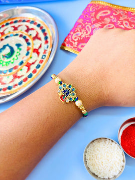 Traditional Krishna ji Kundan Meenakari Rakhi with Roli Chawal