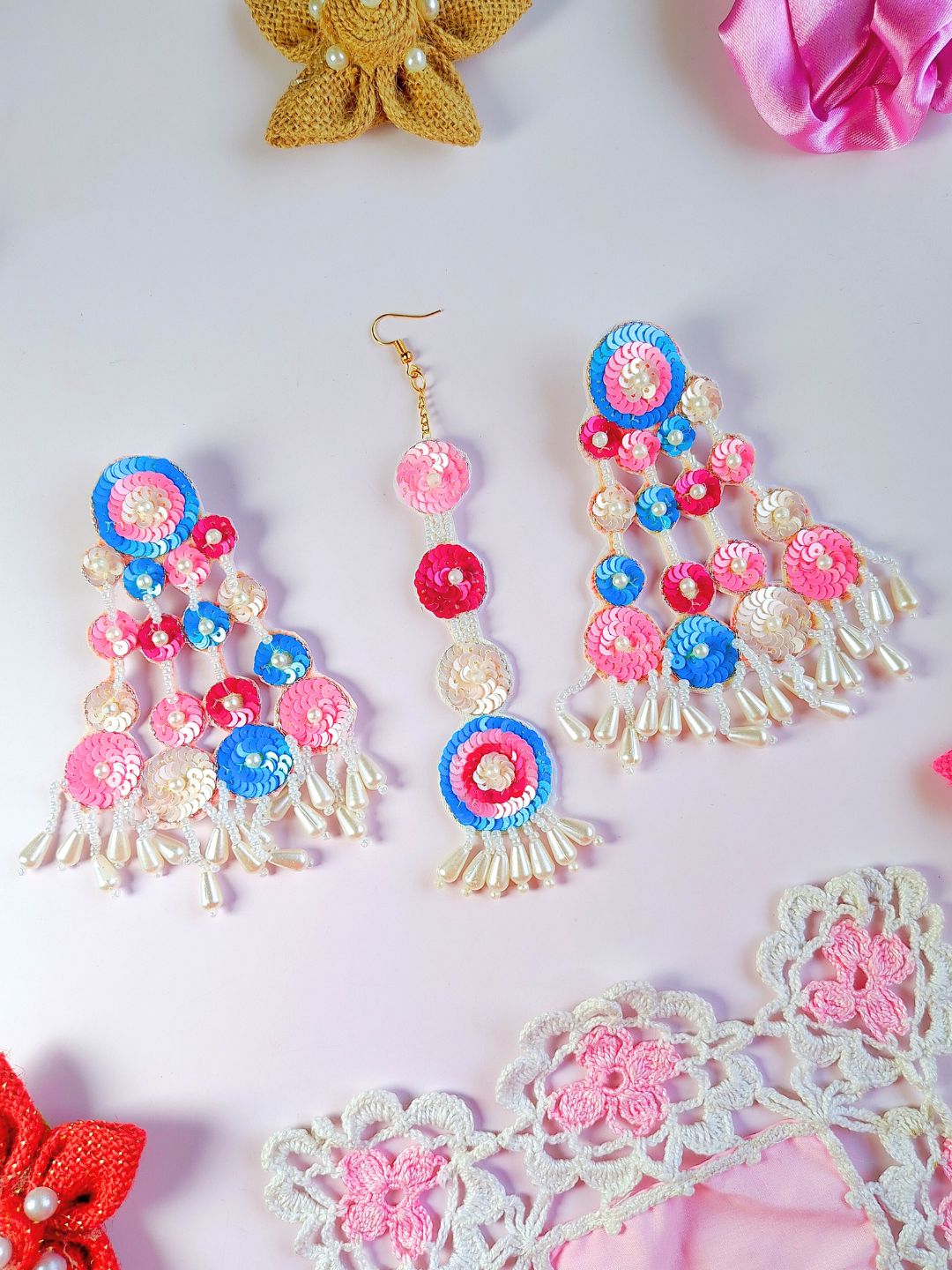 Sequina Maangtika Earrings Set (Pink and Blue)