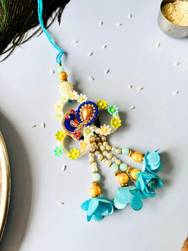 Blue Embellished Lumba Rakhi Set for Bhaiya Bhabhi with Roli Chawal