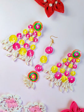 Sequina Bridal Maangtika Earrings Set (Pink and Yellow)