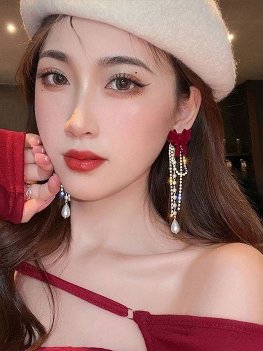 Red Bow Tassel Earrings
