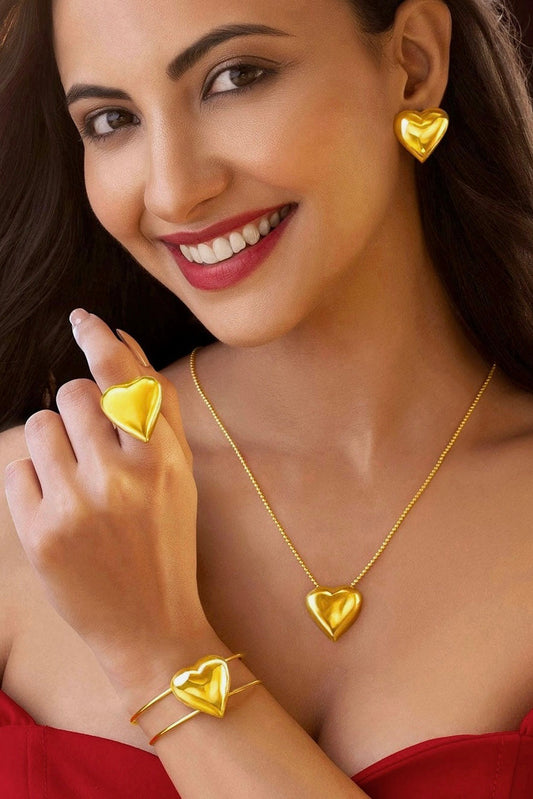 Heart Jewellery Set with Earrings Necklace Ring Bracelet (Gold)