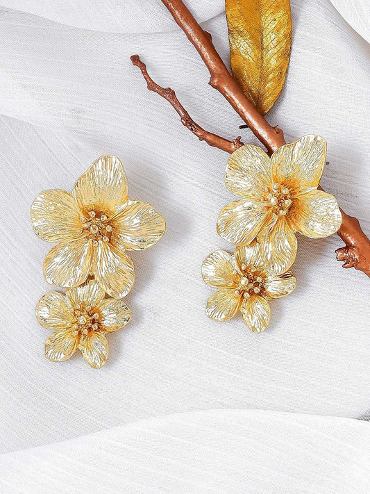 Gold-plated Anti-tarnish Stainless Steel Twin Flower Dangler Earrings for Women