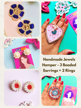 Handmade Jewels Hamper - 3 Beaded Earrings and 2 Cocktail Rings for 599 - Free Delivery