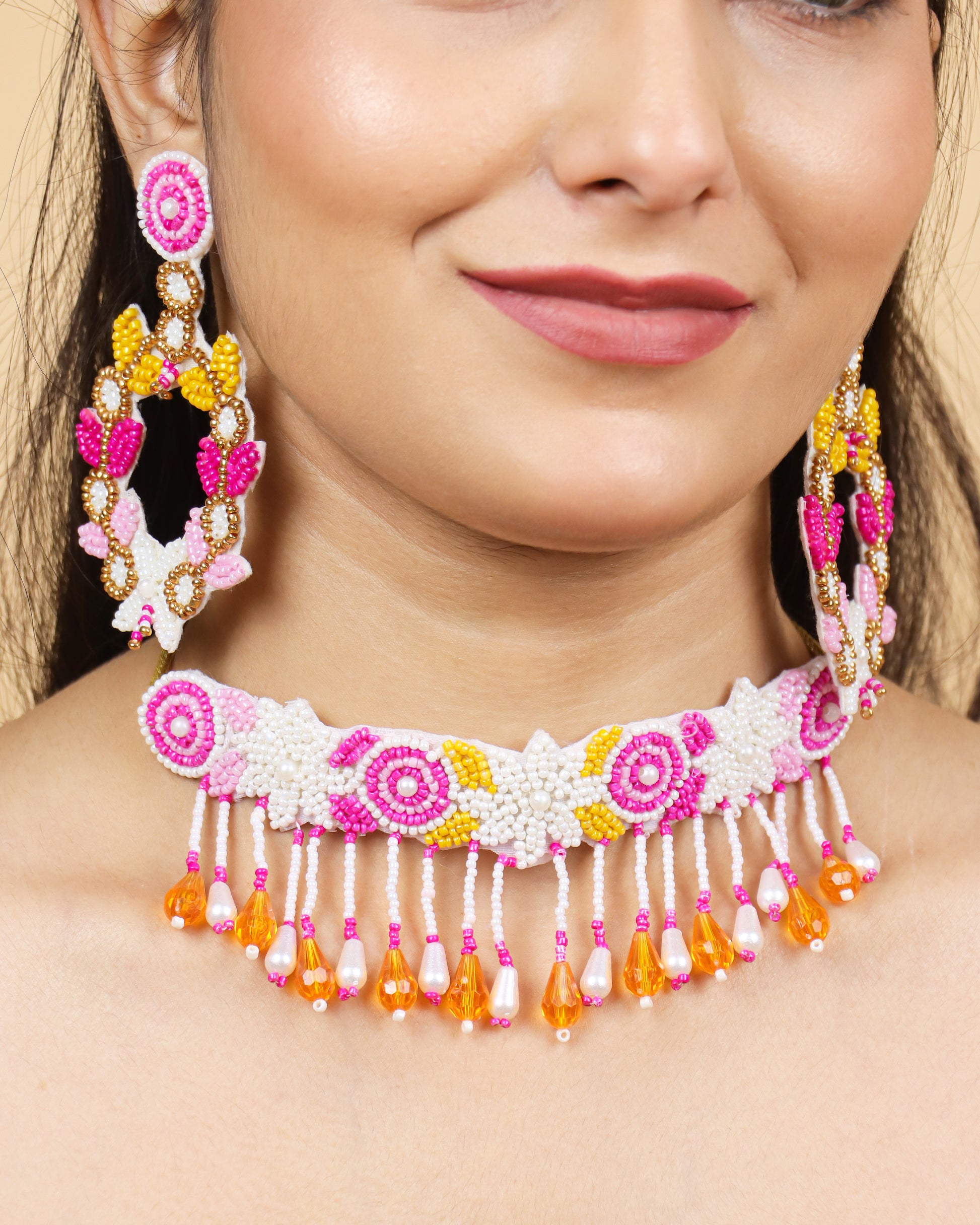 Zia Floral Bridal Choker Set (Pink Yellow)