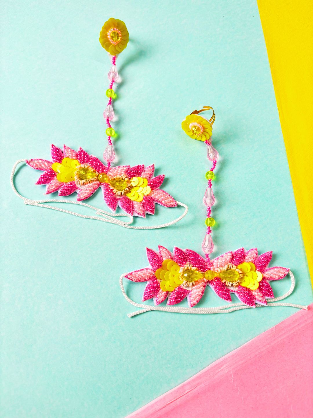 Priety Floral Bridal Jewellery Set (Pink and Yellow)