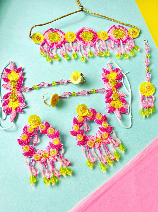 Priety Floral Bridal Jewellery Set (Pink and Yellow)