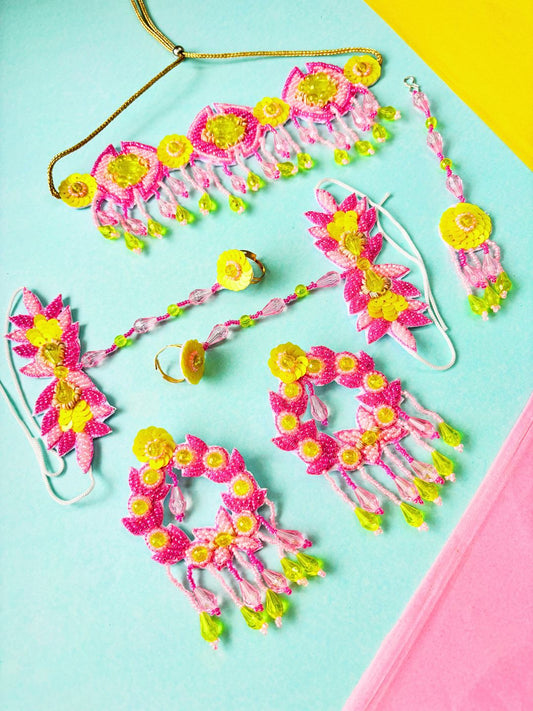 Priety Floral Bridal Jewellery Set (Pink and Yellow)