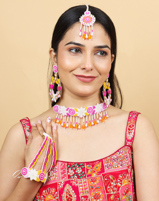 Zia Floral Bridal Jewellery Set (Pink and Yellow)