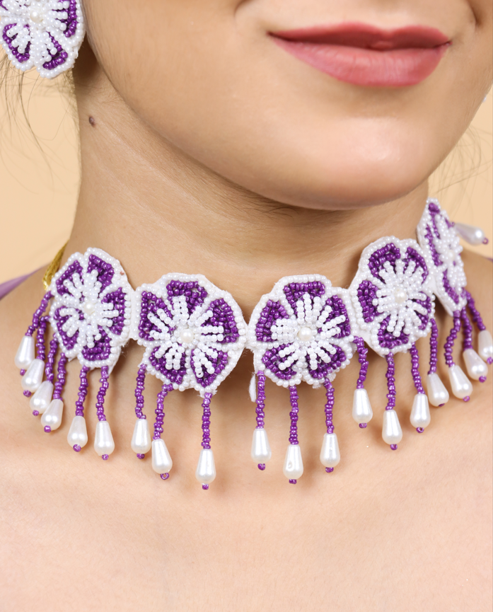 Floral Bridal Choker Maangtika Set (Lilac)