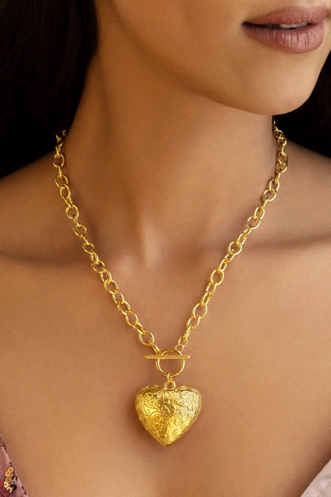 Big Puffy Heart Necklace Anti Tarnish Statement Neckpiece (Gold)