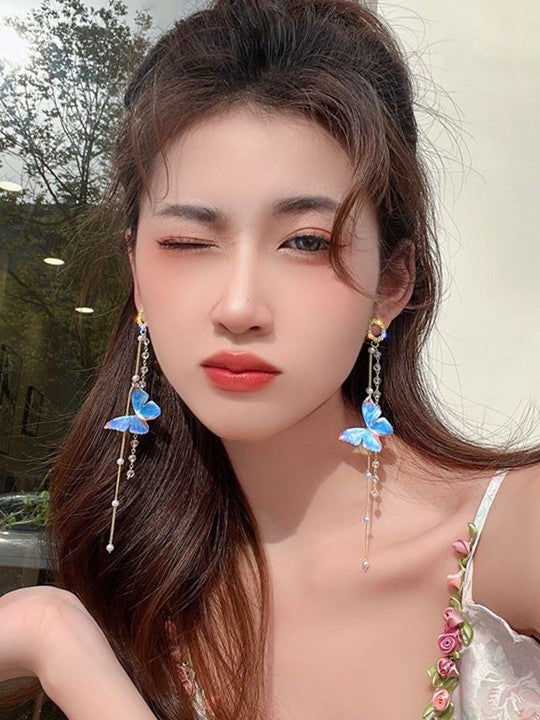 Blue Butterfly Tassel Earrings
