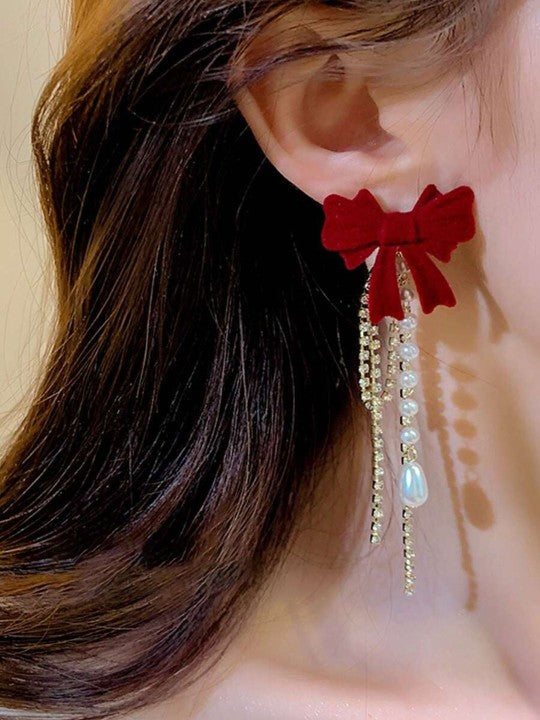 Red Bow Tassel Earrings